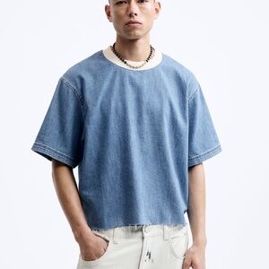 BNWT Zara Men Blue Denim Crop Top T Shirt Large